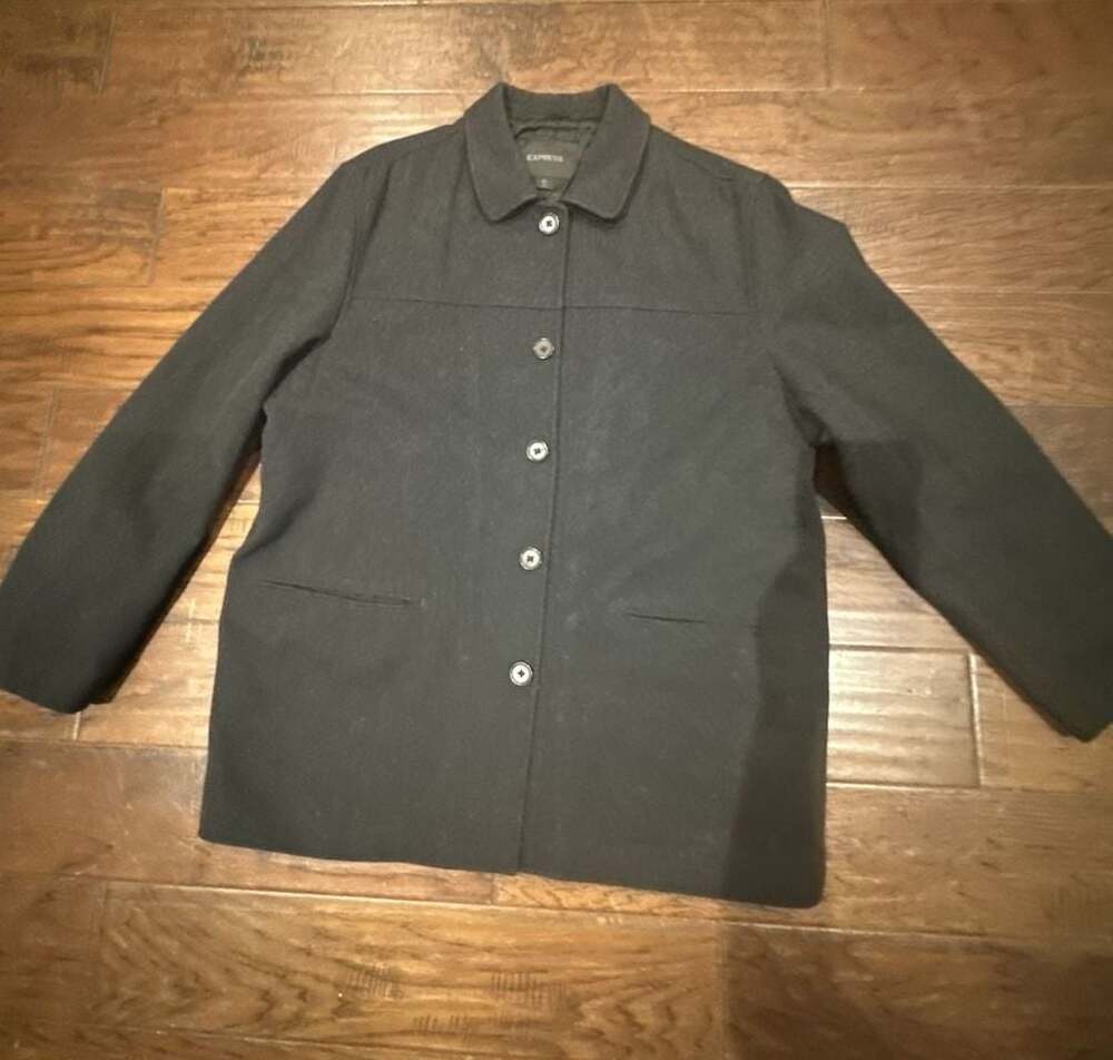 Express Men's Black Quilted Lined Button-Front Wool-Blend Chore Coat Jacket